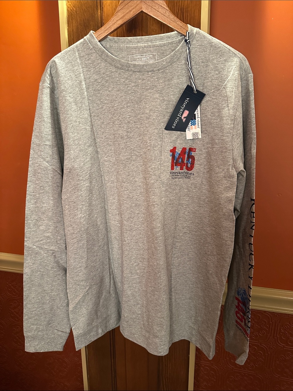Vineyard Vines Heather Gray Long Sleeve Tee with Red & Blue '145' Graphic,new,M